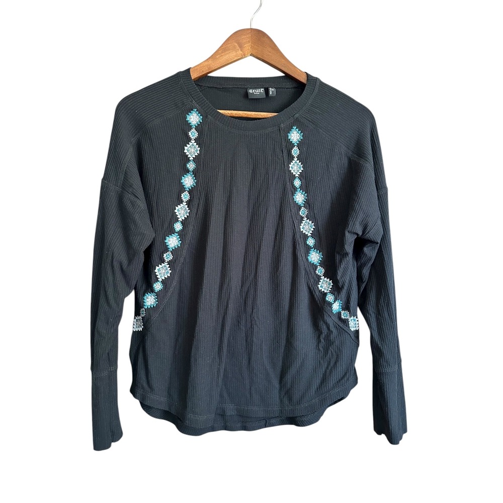 Cruel Denim Women's Black Ribbed Embroidered Long Sleeve Top Size S